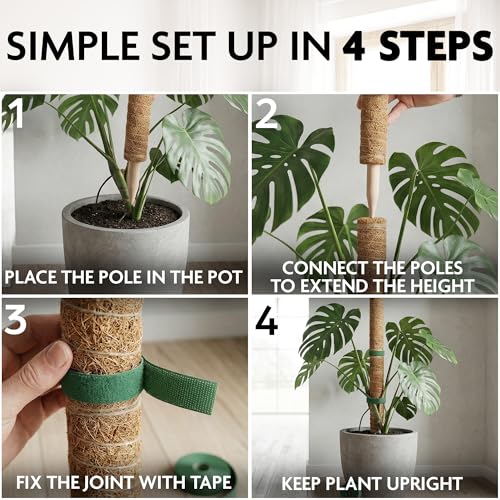 2 Pcs Moss Sticks for Indoor Plants Climbing with Coconut Fiber and Plant Tie Tape - 15.75 Inch Stackable Small Moss Pole for Monstera, Pothos, Philodendron, Money Plants & Indoor Houseplant Vines