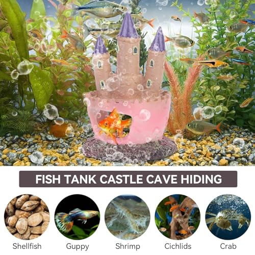 HERCHR Castle Aquarium Decoration, Fish Tanks Ornament Resin Castle Cave Hideouts House Plants Supplies Accessories Safe for Freshwater and Saltwater Fish Tanks(Pink)
