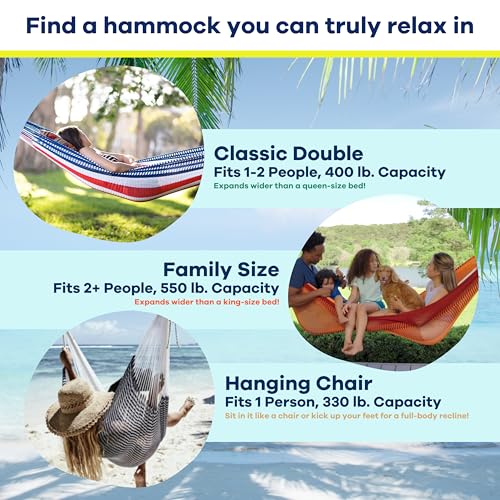 Handwoven Hammock by Yellow Leaf Hammocks - Double Size, Fits 1-2 PPL, 400lb max - Weathersafe, Super Strong, Easy to Hang, Ultra Soft, Artisan Made - Color: Stripe Navy Blue - White - color: Vineyard Haven- Navy Blue and White, size: Fits 1-2 People (400