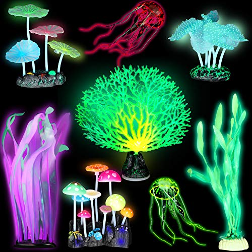 Frienda 8 Pieces Glowing Effect Fish Tank Decorations Artificial Plants with 2 Style Glowing Kelp, Sea Anemone, Simulation Coral, Jellyfish, Lotus Leaf, Mushroom for Aquarium Ornament(Yellow, Pink) - color: Yellow, Pink