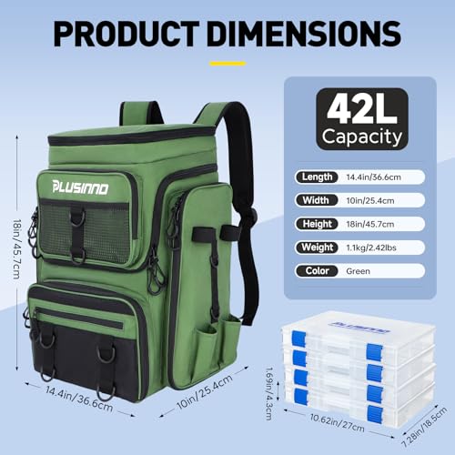 PLUSINNO Fishing Backpack with Rod Holders 4 Tackle Boxes, 42L Large Water-Resistant Fish Tackle Bag Store Fishing Gear, Camping, Hiking Gifts for Men Father, Green - color: Green With 4 Tackle Boxes