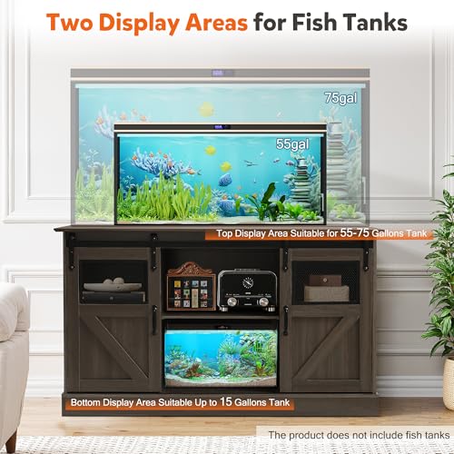 Fish Tank Stand with Power Outlet, Aquarium Stand w/Sliding Barn Doors, 55-75 Gallon Fish Tank Stand w/Cabinet for Accessories Storage for 2 Fish Turtle Tank Reptile Terrarium, 1000 LBS (Gray) - color: Gray
