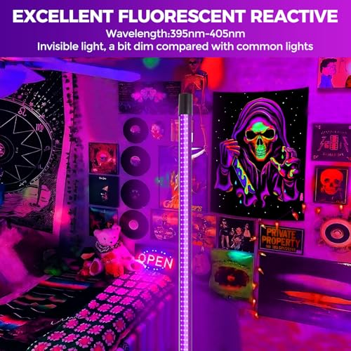72W Black Light Bar - Upgraded 4ft Blacklight Bar 395nm to 405nm LED Black Lights Premium Floor Stand UV Light Bar with 6ft Cord, Plug, Switch for Glow Party, Halloween (2 Pack)