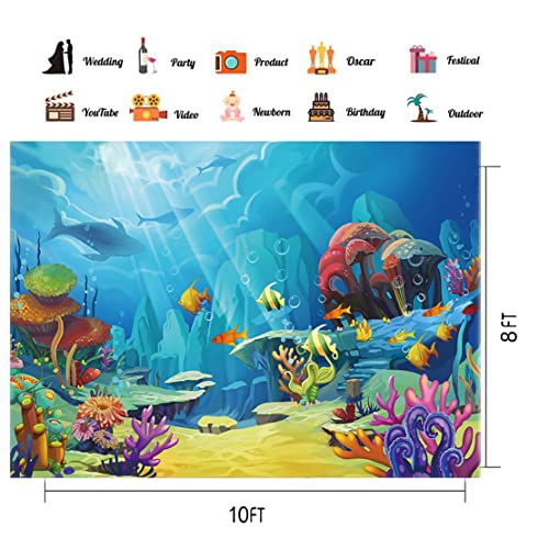 CHAIYA Under The Sea Backdrop Ocean Little Mermaid Backdrop Background for Under The Sea Theme Baby Shower Photo Booth Banner Party Cake Table Decoration 10x8ft - size: 10′x8′
