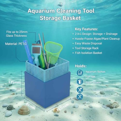 Aquarium Cleaning Tool Storage Basket – Hanging Fish Tank Tool Organizer with Removable Drainage Basket, Suitable for Storing scrapers, siphons, Fishing nets, and Other Tools.