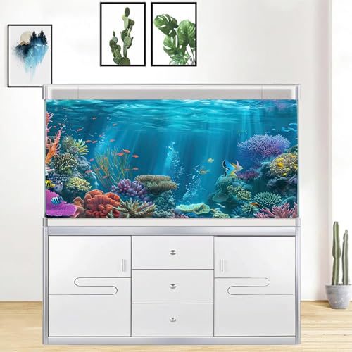 iTapnoom Ocean Floor Aquarium Background, Underwater Tropical Fish Coral Reef Aquatic Nature Plant Fish Tank Backdrop Decor, Polyester Fabric with 6 EVA Double-Sided Tapes 36x18 inches/90x45cm - color: Blue, size: 36"L x 18"W