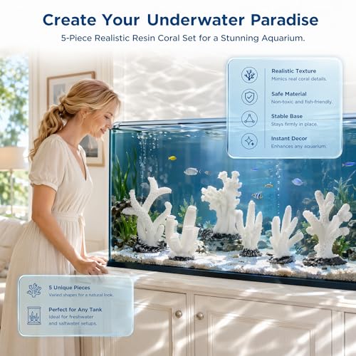 FOMIYES Fish Tank Decorations - 5pcs White Resin Coral Landscaping Accessories, Fake Diorama Supplies, Ocean Kit, Aquarium Reef Ornament Plant