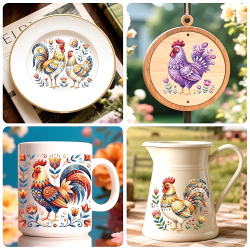 Peacoblue 18 Sheets Rub on Transfers for Crafts, Nordic Folk Chickens 3.6"x3.9" UV DTF Cup Wraps Waterproof Cold Transfers Stickers for Wood Glass Metal Cup Tumblers Mirrors Mugs Home Decor - style: Nordic Folk Chickens