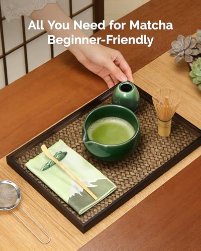 Maestri House Matcha Whisk Set, 7-Pc Complete Matcha Kit with Spouted Ceramic Bowl, Bamboo Whisk and Holder, Scoop, Spoon Rest & Sifter, Tea Cloth – Ideal Gift for Matcha Lovers (Emerald Kanso) - color: Emerald Kanso