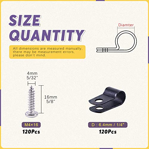 Swpeet 120 Pack Black 1/4 Inch Nylon Plastic R-Type Cable Clips Clamp Kit, Nylon Screw Mounting Cord Fastener Clips with 120 Pack Screws for Wire Management (1/4 Inch, Black) - color: Black, size: 1/4 Inch