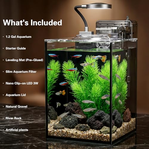 1.2 Gallon Small Aquarium Set Glass Fish Tank,Desktop Small Aquarium Kit for Beginners and Children to Keep Betta Fish, Goldfish, Shrimp, and Aquatic Plants (Black, 1.2 Gallon (Complete Kit)) - size: 1.2 Gallon (Complete Kit)