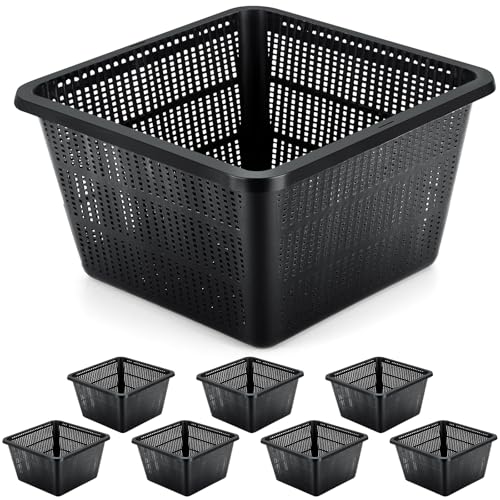 8 Pcs Aquatic Plant Baskets for Hydroponics Water Garden Plant Pots Black Plastic Mesh Basket 9 x 9 x 5.2 Inch Square Pond Containers for Island Live Aquarium Botany Flowers