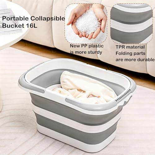 Collapsible Bucket with Handle 16L (4.2Gal), Foldable Rectangular Plastic Water Bucket, Portable Space Saving Tub for Foot Soaking Mop Cleaning Car Washing Gardening Camping Garage Use (Grey, 16L) - color: Gray, size: 16L