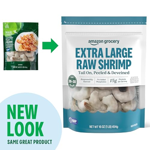 Amazon Grocery, Extra Large Raw Shrimp, Tail On, Peeled & Deveined, 16 Oz, Frozen