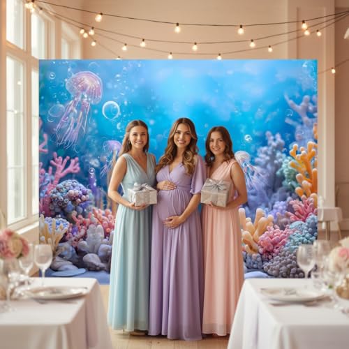 12x10ft Under The Sea Backdrop Ocean Theme Party Decorations Banner Mermaid Coral Jellyfish Underwater World Photography Background for Grils Baby Shower Birthday Photo Booth Prop - color: Pink, size: 12x10ft