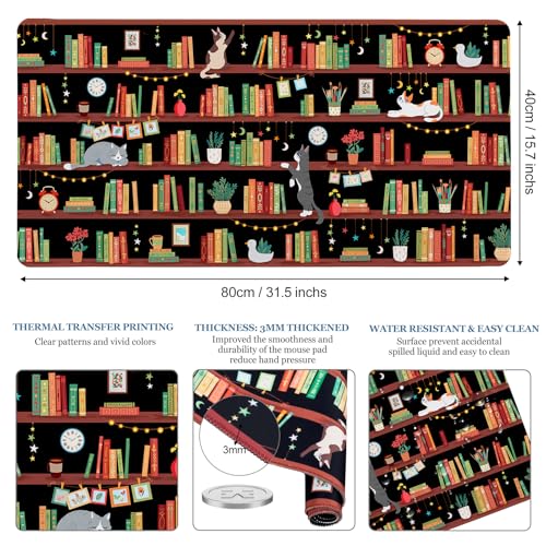 Desk Mat, Desk Matt for Desktop Bookshelf Cat XXL Extended Large Gaming Mouse Pad for Desk, Anti-Slip Desk pad Mat with Stitched Edges, Keyboard Mouse Mat for Computer, Work, Office, Gaming - color: Bookshelf Cat, size: 31.5" x 15.7"