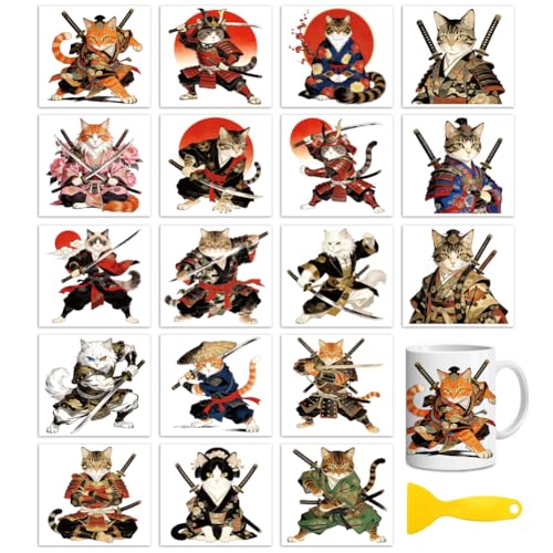 Peacoblue 18 Sheets Rub on Transfers for Crafts, Samurai Cat 3.6"x3.9" UV DTF Cup Wraps Waterproof Cold Transfers Stickers for Wood Glass Metal Cup Tumblers Mirrors Mugs Home Decor - style: Samurai Cat