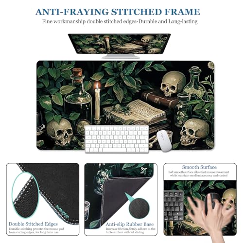 Gothic Botanical Desk Pad, Library Skull Large Gaming Mouse Pad, XXL Desk Mat Anti-Slip Waterproof Big Mousepad with Stitched Edges, Keyboard Mouse Mat for PC, Laptop, Work, Office, Home - color: Gothic Dark Lab Botanical, size: 31.5" x 15.7"