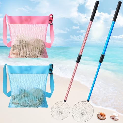 Roshtia 2 Pack Beach Sand Sifter Scoop with Seashell Bags, 18.5"- 30" Adiustable Shark Tooth Sifter Long Handle Sand Digger Scooper for Shell & Shark Tooth Collect Tool Toy for Adults Kid (Blue, Pink) - color: Blue, Pink, size: 18.5-30 Inch, style: Scoop