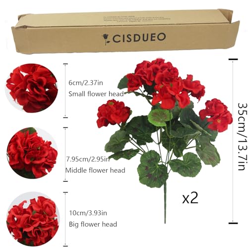 CISDUEO 2 Pcs Artificial Geranium Flowers for Outdoors Silk Flowers Outside UV Resistant Red Fake Geraniums Bush Faux Flowers for Planter Outdoor Decor Indoor Garden Patio Table Centerpiece