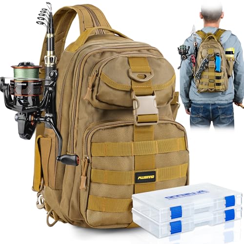 PLUSINNO Fishing Backpack Tackle Bag, Water-Resistant Backpack with Rod Holder, Ideal Gifts for Men - color: Khaki Backpack With 4 Boxes