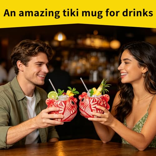 Tiki Mug Glasses Fish Cocktail Cup 1pcs 22oz/650ml Creative Red Tiki Mugs Bar Large Ceramic Hawaiian Themed Tropical Barware for Party Barware