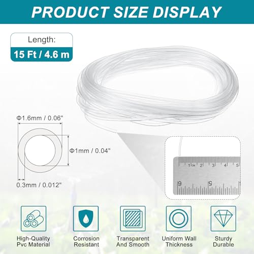 uxcell Clear PVC Tubing, 1mm ID x 1.6mm OD - 15ft PVC Tube Lightweight Vinyl Hose, Transparent Flexible Plastic Water Tubing for Air Oil Water Transfer Aquarium Irrigation - size: 1mm ID x 1.6mm OD