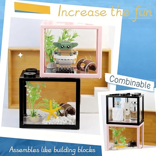 Small Betta Fish Tank, Stackable Mini Fish Tank Tiny Aquarium Kit with Aquarium Gravel & Resin Decorations, 0.6 Gallon Cube Desktop Fishbowl for Snails, Crabs, Starfish (Black) - color: Black