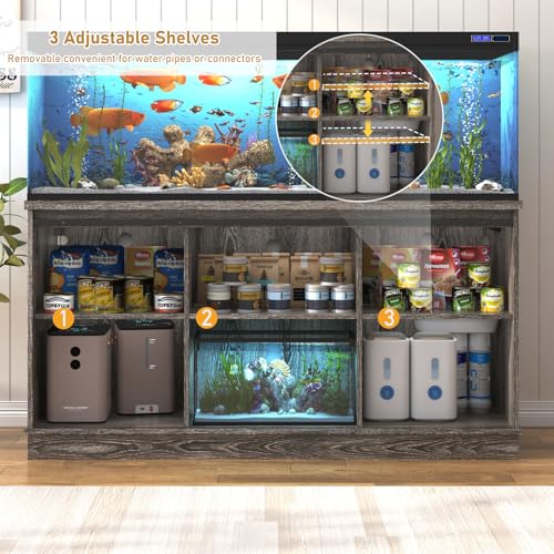 Hlivelood Farmhouse 75-120 Gallon Fish Tank Stand with Power Outlet, Aquarium Stand w/Cabinet&Sliding Barn Door, Heavy Duty Reptile Tank Stand for Fish/Turtle/Reptile Terrarium, 1000LB Capacity, Grey - color: Grey, size: 75-120 Gallon