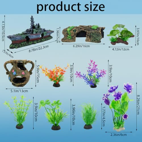 Aquarium Artificial Plastic Plants Decorations and Sunken Ship Set Goldfish 14 PCS Large Fish Tank Accessories Goldfish Betta Tank Decor