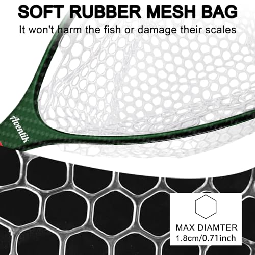 Aventik Fly Floating Fishing Net Carbon Fiber Landing Trout Net Light Weight Clear Rubber Ghost Net Catch & Release - color: Standard Green with Green magnetic release
