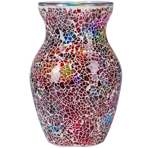 8" Deep Red Rainbow Mosaic Vase, Hand-Pasted Colorful Glass Flower Vase, Vibrant Crackle Art Centerpiece for Modern Home, Office & Creative Decor - color: Deep Red Rainbow