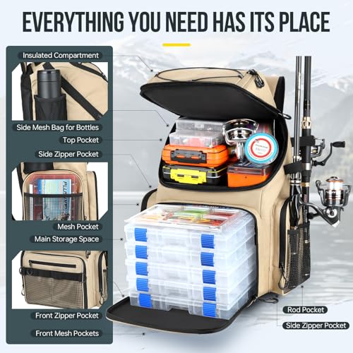 PLUSINNO Cooler Fishing Backpack with Rod Holders 45L Large Water-resistant Fishing Tackle bag Store Fishing Gear Fishing Gifts for Men Father - color: Khaki with box