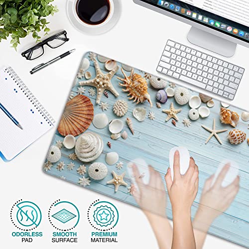 Shells on Blue Wood Large Mouse Pad Extended Gaming Mouse Pad Waterproof Desk Mat with Stitched Edge,Non Slip Base Keyboard Mouse pad for Home Office 35.4" X 15.7" - color: Shells on Blue Wood