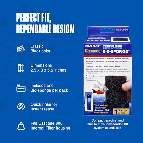Penn-Plax Cascade 600 Replacement Bio-Sponge - 1 Pack Aquarium Filter Sponge for CIF3 Submersible Internal Media Filter - Easy-to-Clean - Freshwater & Saltwater Aquariums - Black, 2.5 x 3 x 5.5 Inches