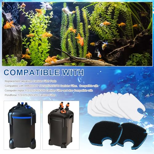 Replacement Canister Filter Pads Compatible with AMOSIJOY、Pondforse、Coospider-repta 172/225/265GPH Aquarium External Filter, 6 White Floss and 2 3-in-1 Coarse Filter Pads with activated carbon- 8PCS