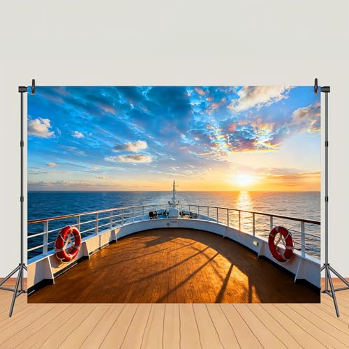 7x5ft Cruise Ship Backdrop Cruise Deck Ocean Sunset Scenery Photography Background Nautical Theme Cruise Party Decorations Banner Portrait Photo Booth Studio Props - size: 7x5ft