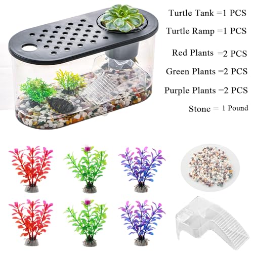 Small Turtle Tank Kit, Reptile Aquarium with Basking Platform, Decor Stones & Water Grass – Habitat for Turtles, Hermit Crabs, Fish – Ideal for Home or Office (12" x 6" x 12") - color: Black