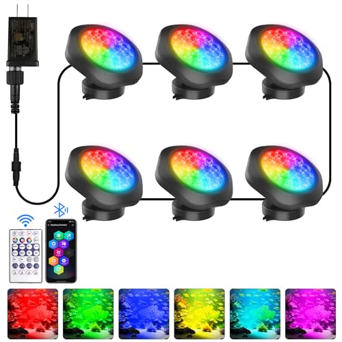 T-SUN Colored Pond Lights with APP and Remote Control – Bright LED Underwater Submersible Fountain Lights, IP68 Waterproof Landscape Spotlight for Garden Koi Pond Aquarium Fish Tank (Set of 6) - size: Set of 6