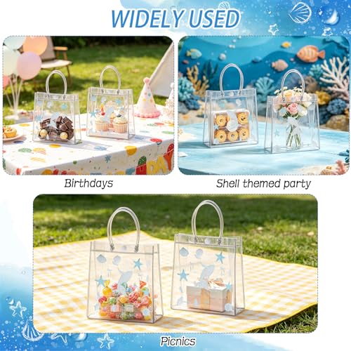 Hlimior 24 Pcs Beach Party Favor Ocean Seashell Gift Bags Starfish Clear PVC Gift Bags with Handles Reusable Candy Treat Tote Summer Shell Goodie Bags for Birthday Party Supplies