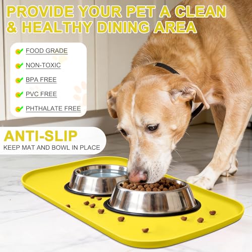 SMILOOL Silicone Pet Food Mat with Raised Edge for Food and Water Bowl, Dog Feeding Mats, Cat Food Trays for Floor Waterproof, Rubber Tray for Dogs and Cats, 22 x 14 x 0.8 Light Yellow - color: Light Yellow, size: 22"L x 14"W