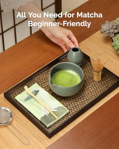 Maestri House Matcha Whisk Set, 7-Pc Complete Matcha Kit with Spouted Ceramic Bowl, Bamboo Whisk and Holder, Scoop, Spoon Rest & Sifter, Tea Cloth – Ideal Gift for Matcha Lovers (Moss-Green) - color: Moss-Green