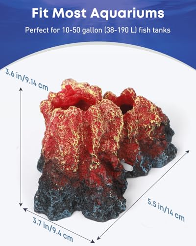 Uniclife Fish Tank Decorations, Realistic Resin Aquarium Volcano Decorations with Air Stone Bubbler, Volcano Bubbler Kit for Fish Tank Decor, Aquarium Decor with Bubbling Effect - color: Red, size: Medium