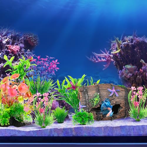 CousDUoBe Fish Broken Barrel Decor Fish Tank Decorations Betta Fish Tank Accessories,Starfish Barrel x 1pc, Aquarium Plants x 8pcs - size: 9 Pcs