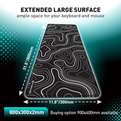 Pixiecube Minimalist Topographic Map Mouse Pad - Contour Extended Large Stitch Edge Mousepad. Black & White Non-Slip XXL Gaming Desk Mat - color: Black Topographic, size: 31.5L x 11.8W inches