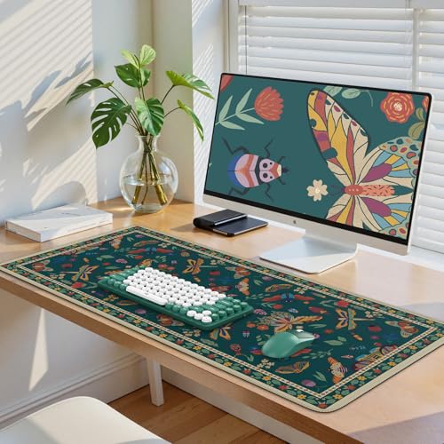 iCasso Desk Mat, Desk Matt for Desktop, Cute Desk Pad Mat, XXL Large Mouse Pad for Desk, Anti-Slip Big Mousepad with Stitched Edges, Keyboard Pad Mouse Mat for Computer(Green) - color: Butterfly-green
