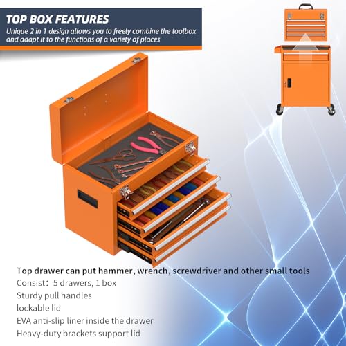 5-Drawer High Capacity Rolling Tool Chest, Removable Cabinet Storage Tool Box with Wheels and Drawers, Detachable Toolbox with Lock for Mechanics Garage Workshop and Tool Room (Orange) - color: Orange