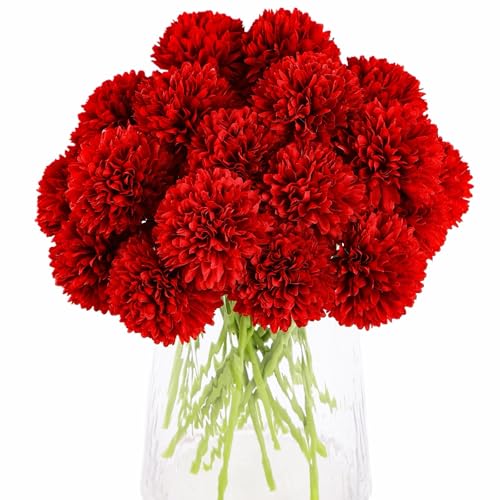 Kimura's Cabin 20Pcs Fake Chrysanthemum Artificial Flowers Silk Ball Flowers Faux Mums Flower with Stem for Wedding Party Bouquets Arrangements Home Table Centerpieces Christmas Decoration (Red) - color: Red