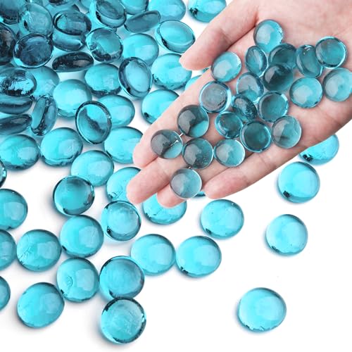 Sea Blue Glass Marbles, 0.97 LB Transparent and Smooth Flat Glass Beads for Vases, Mosaic Gem Pebbles for Aquarium Decor, Floral Arrangements, Mancala Stones, Vase Filler and Crafts,Approx. 80-100 PCS - color: Sea Blue