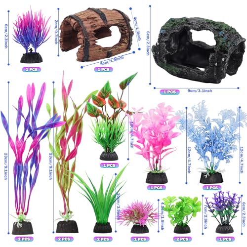 QUOZUO 16 Pcs Aquarium Artificial Plastic Plants Decorations and Broken Barrels Set, Colorful Fish Tank Accessories Hideout Ornaments Aquarium Decor Set